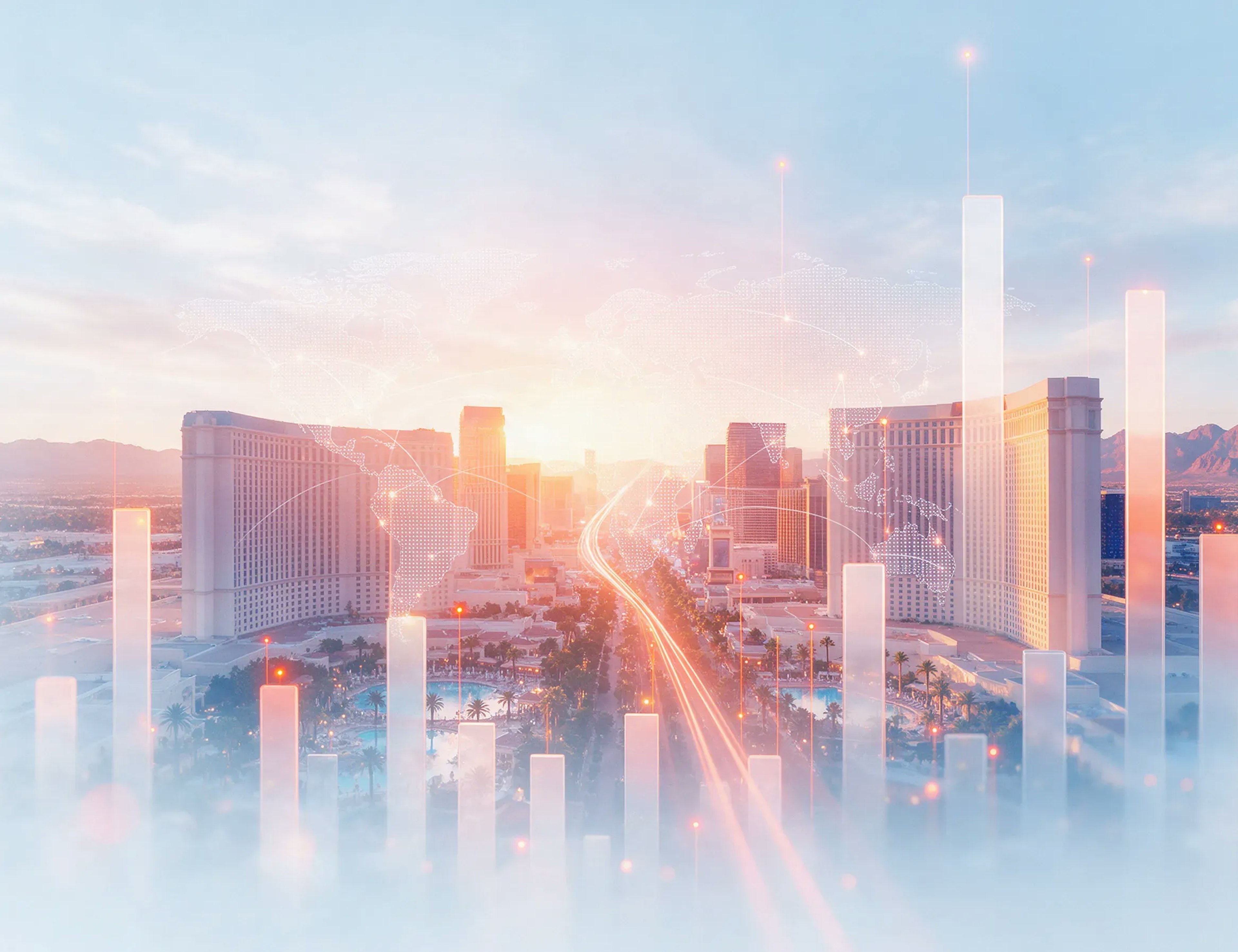 Las Vegas Strip at sunrise with a world map and data charts overlay, illustrating Money20/20 USA 2026 fintech trends